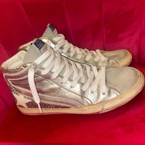 Women's Slide with laminated leather upper and silver glitter golden goose!!